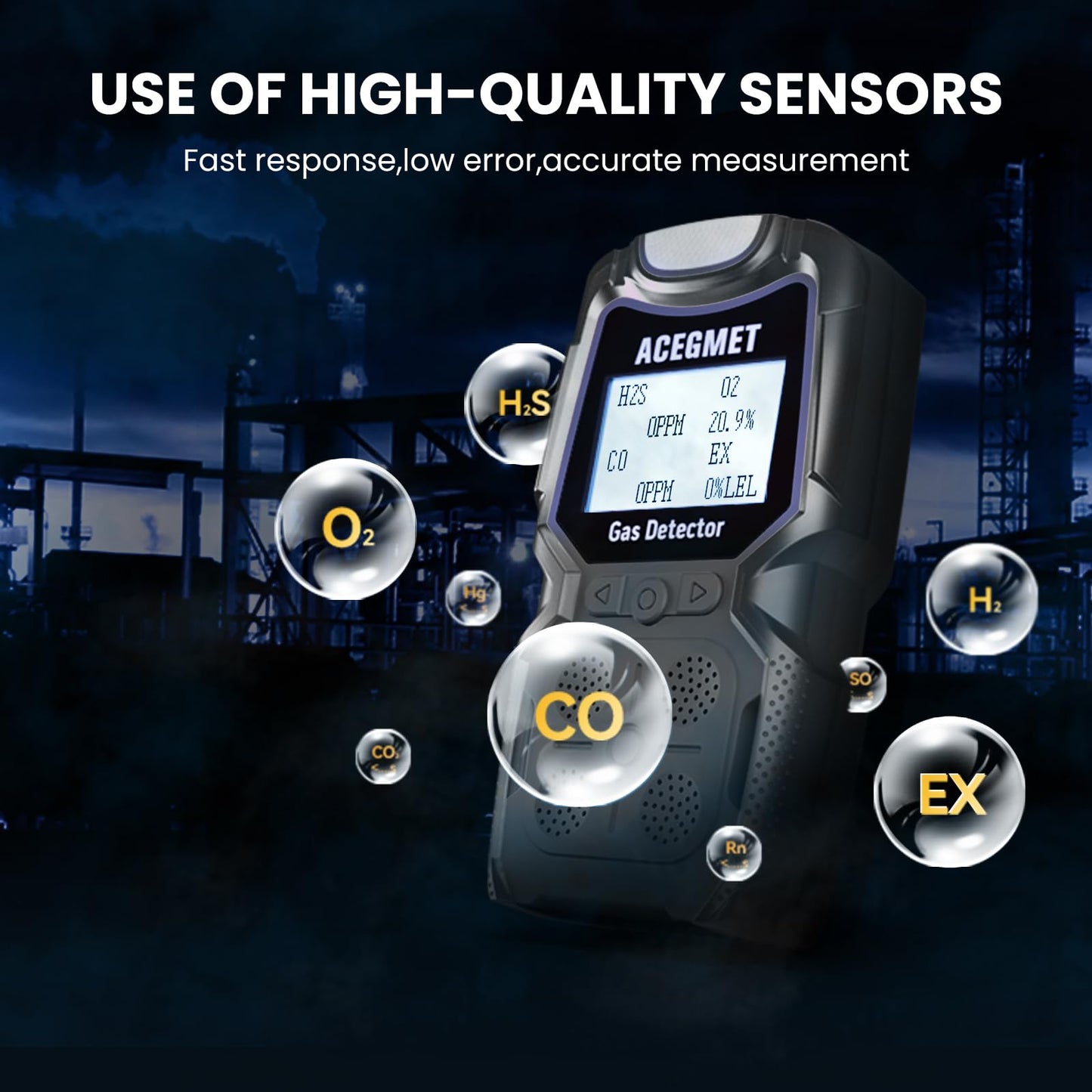 ACEGMET Gas Detector, 4 Gas Monitor Multiple Indicator (Vibration, Audible, Visual) H2S, O2, CO and LEL 4 Gas Monitor Personal Rechargeable 4 Gas Meter 2 Years of Sensor Life Gas Sniffer