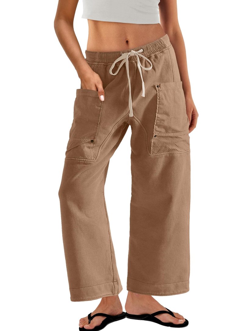 Panadila Women Wide Leg Pants Drawstring Barrel Sweatpants Baggy Cargo Pants Lounge Trousers with Pockets (Light Brown,M)