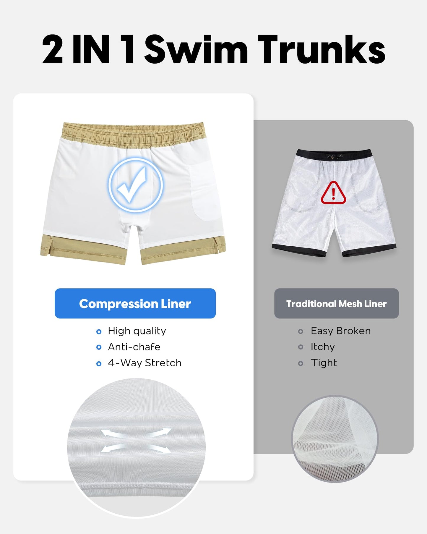 maamgic Men's Swim Trunks with Compression Liner 5.5 inch Beach Shorts Quick Dry Bathing Suits with Zipper Pocket Khaki Medium