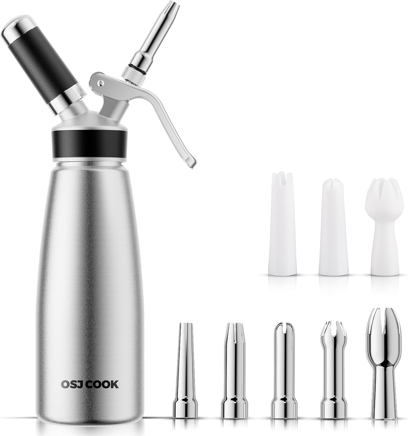 Skiennix Professional Aluminum Whipped Cream Dispenser - Leak-Free 500 mL Canister with 8 Nozzles & Brush