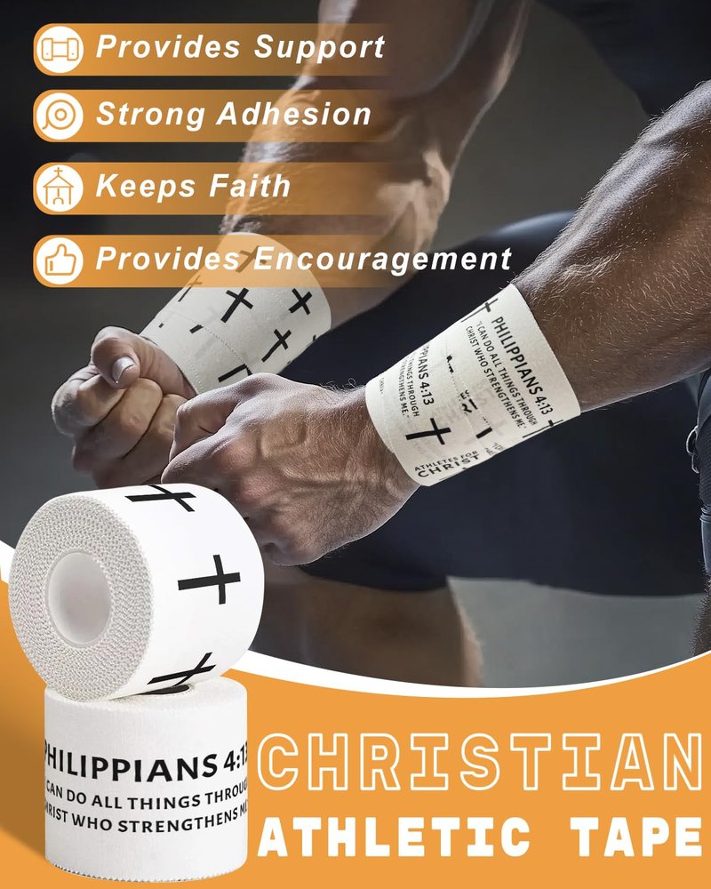 Yigney 4 Pack Christian Athletic Tapes Religious Sport Tape Bible Verse Wrist Tape Cross White Tape for Sports Gymnastics Tennis 2IN X 23FT