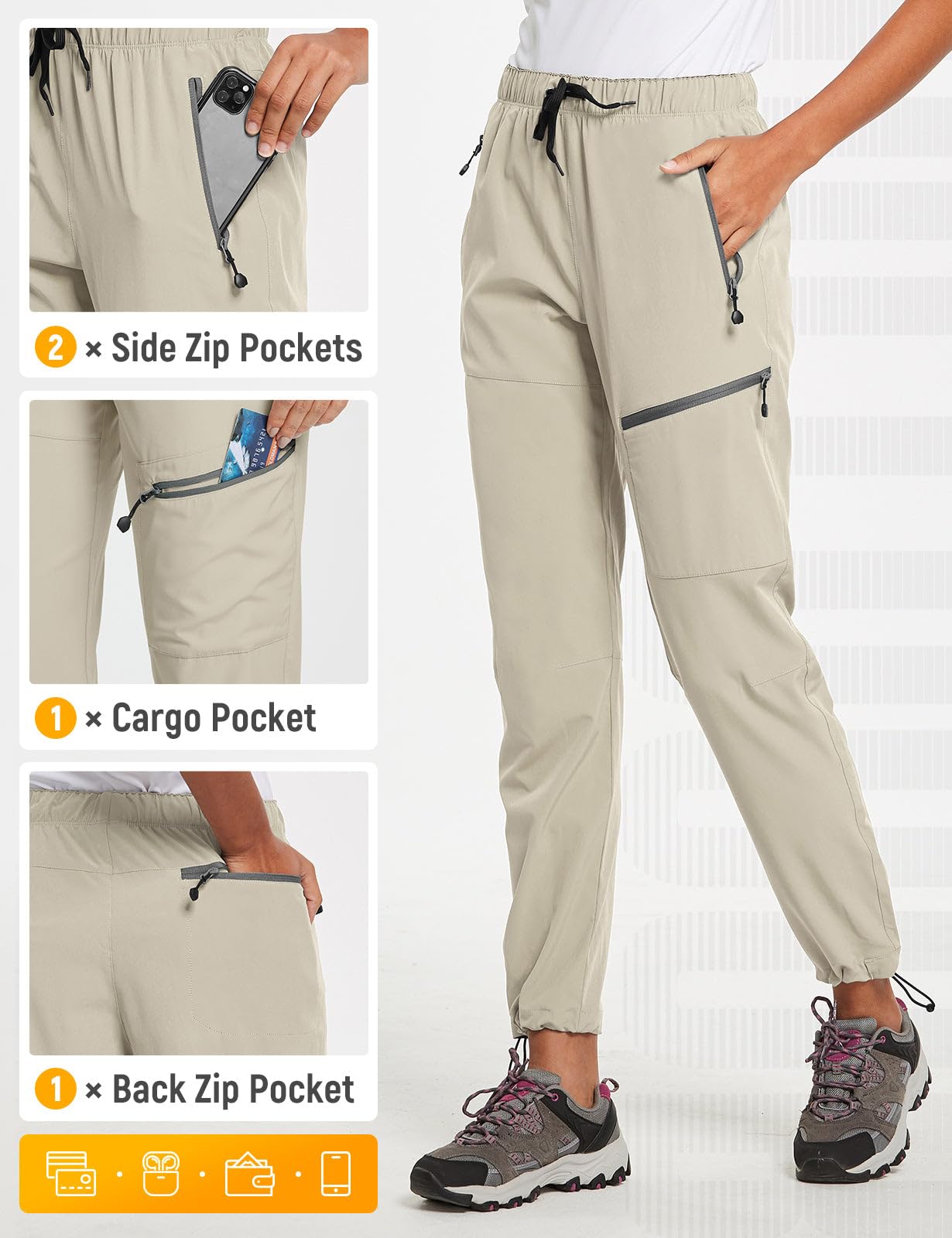 baleaf Travel Pants Women Hiking Long Tall Lightweight Quick Dry Water Resistant Cargo Pants 31'' Trip 31''-Suntan L