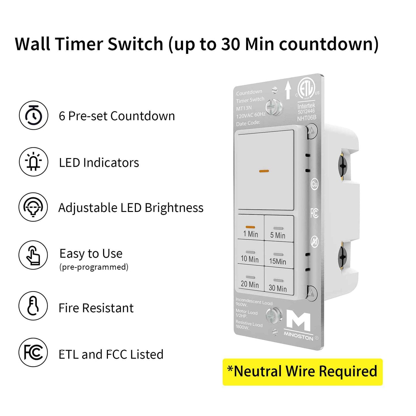Minoston Countdown Timer Switch with Dimmable Indicator, 30 Min Wall Bath Fan Timer Switch for Bathroom Exhaust Fan and Light, 1-5-10-15-20-30 Minute, Neutral Wire Required, 120V, White (MT13N)