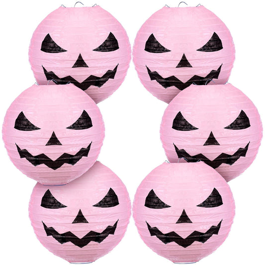 Riakrum 6 Pcs 8 Inch Halloween Jack O Paper Lantern Decoration Halloween Pink Pumpkin Paper Lantern Hanging for Indoor Outdoor Garden Party Decoration
