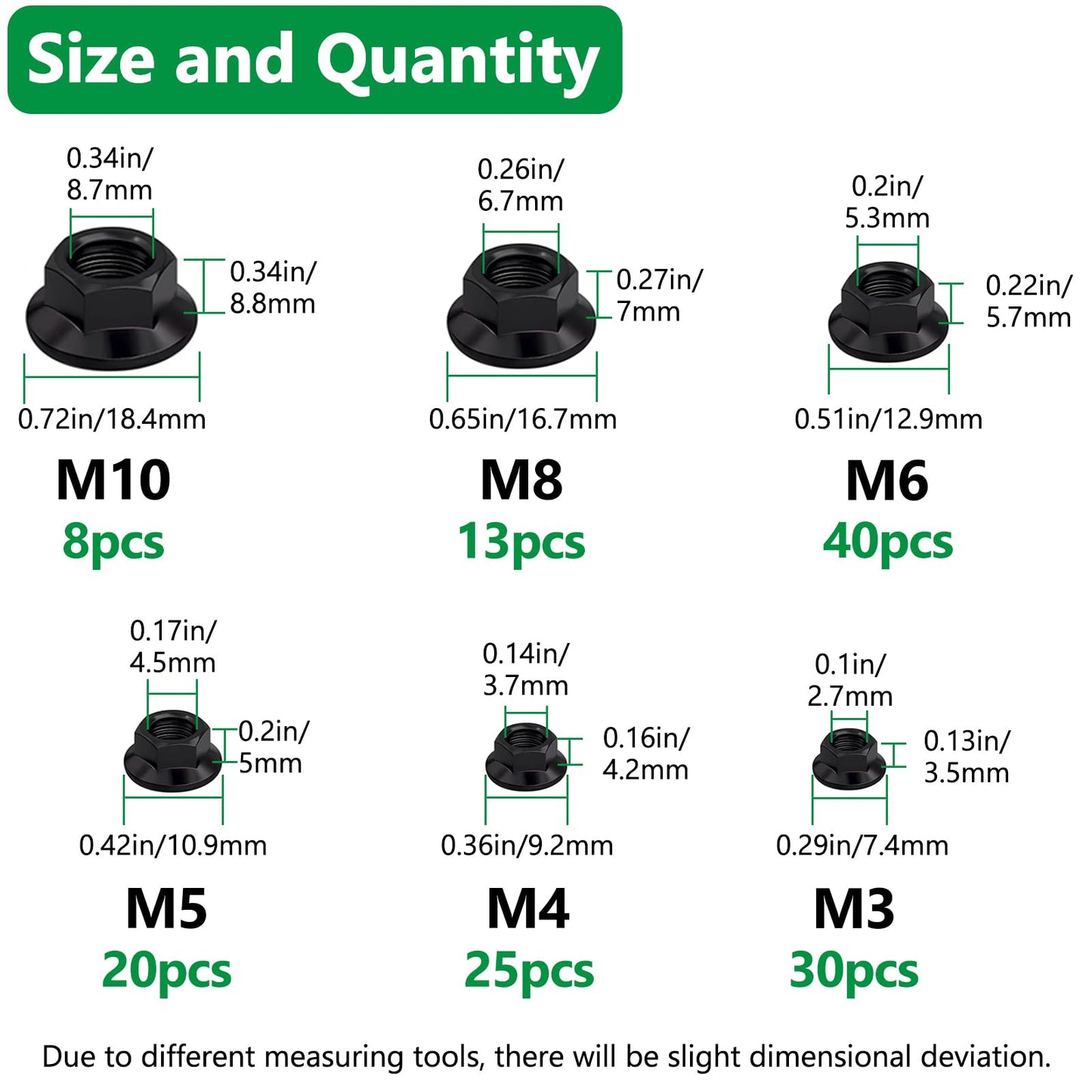Aienxn 136PCS 6 Metric Sizes Black Carbon Steel Hex Flange Nuts Assortment Kit -M3, M4, M5, M6, M8, M10