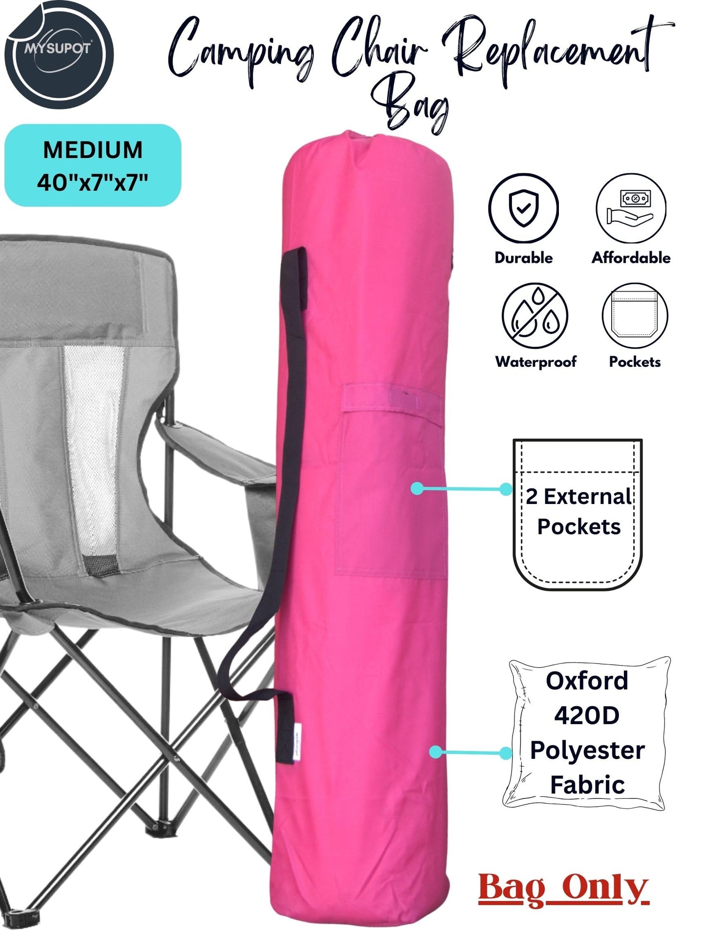 MYSUPOT 40"x7"x7" (Pink, M) Replacement Bag for Folding Camping Chair, Camp Chairs, Hammock, Yoga Mat, Beach Chair, Umbrella, Tent Bag 420D Oxford Polyester Fabric w/Side Pockets