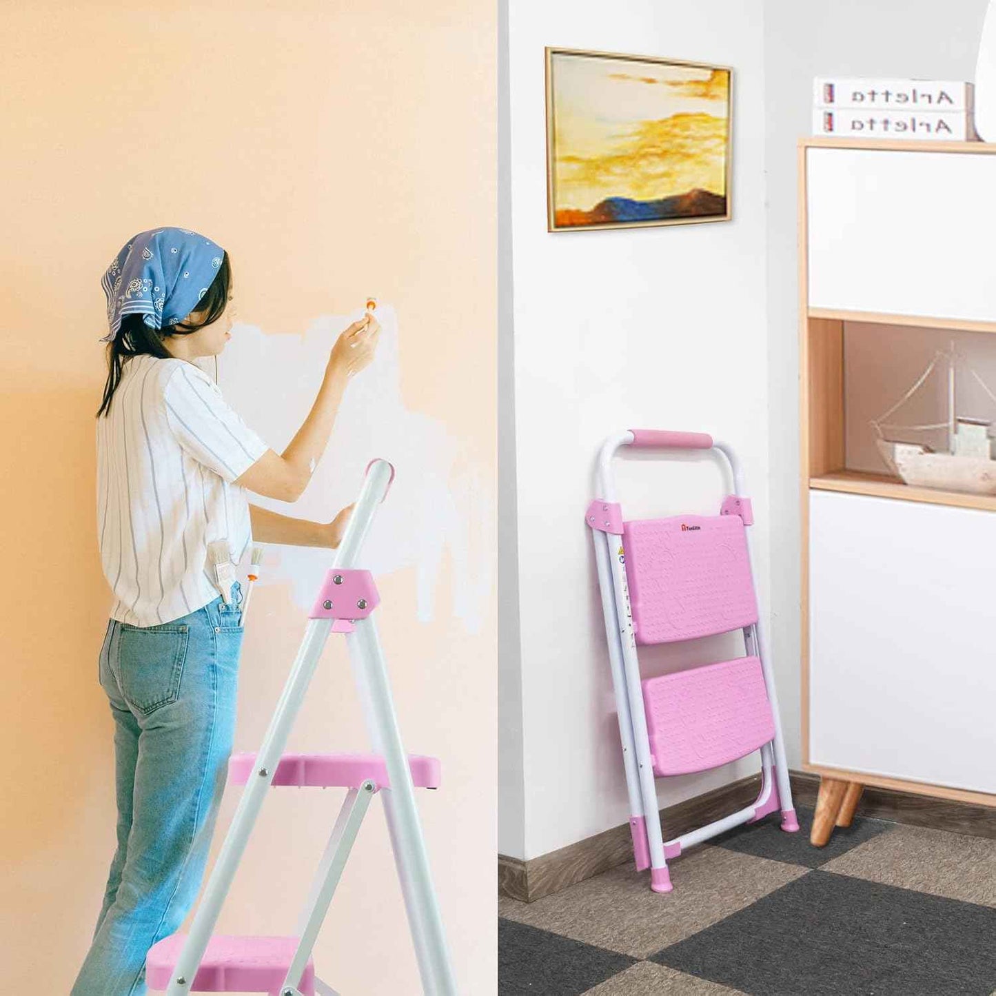 Portable 3-Step Folding Ladder - Sturdy Steel Step Stool with Anti-Slip Pedal & Handgrip, 500lbs Capacity for Home & Office