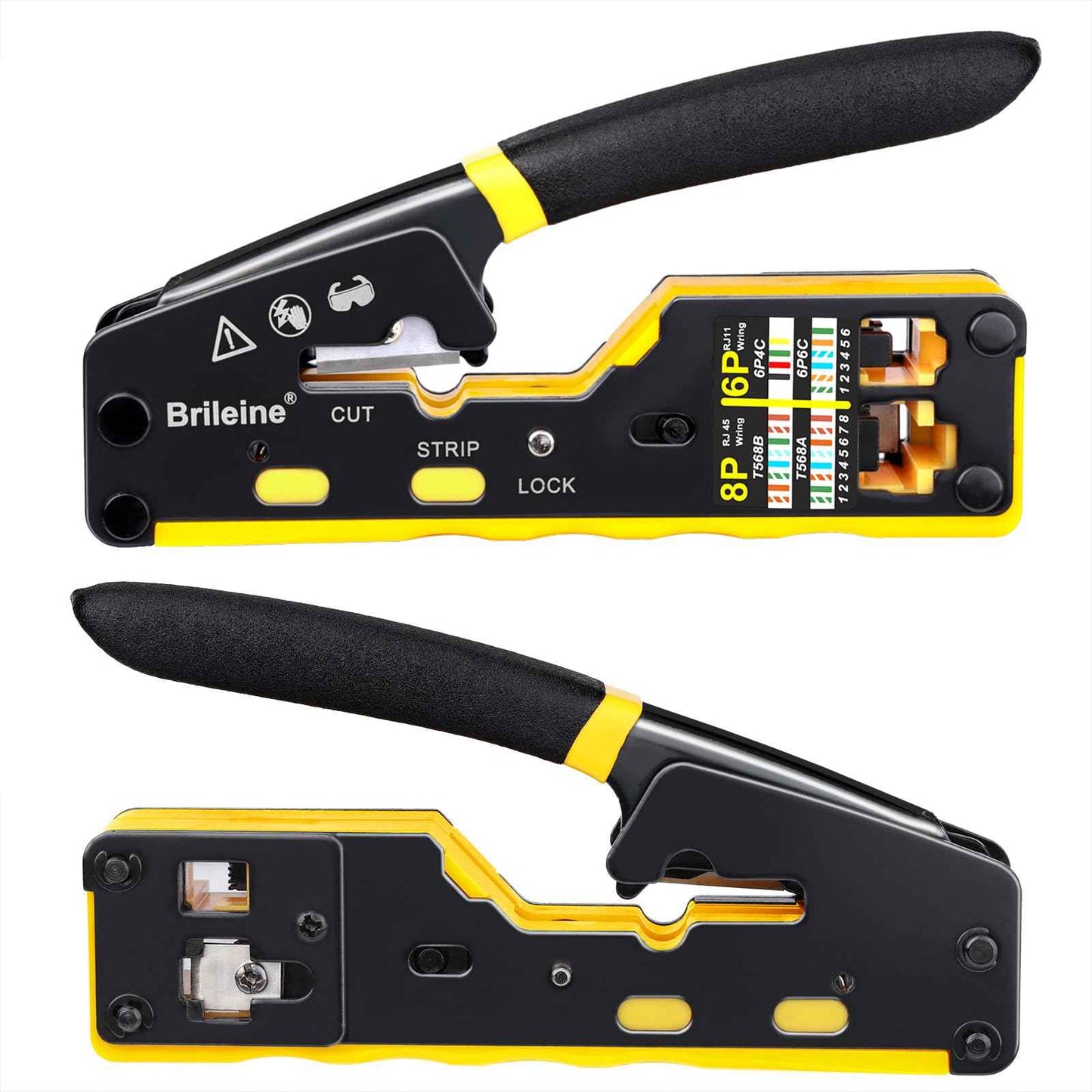 Brileine RJ45 Crimp Tool Pass Through Crimper for RJ45 Connectors / Cat6 Cat6a Cat5 Cat5e Connector Ethernet Crimper Tool with Mini Cable Stripper