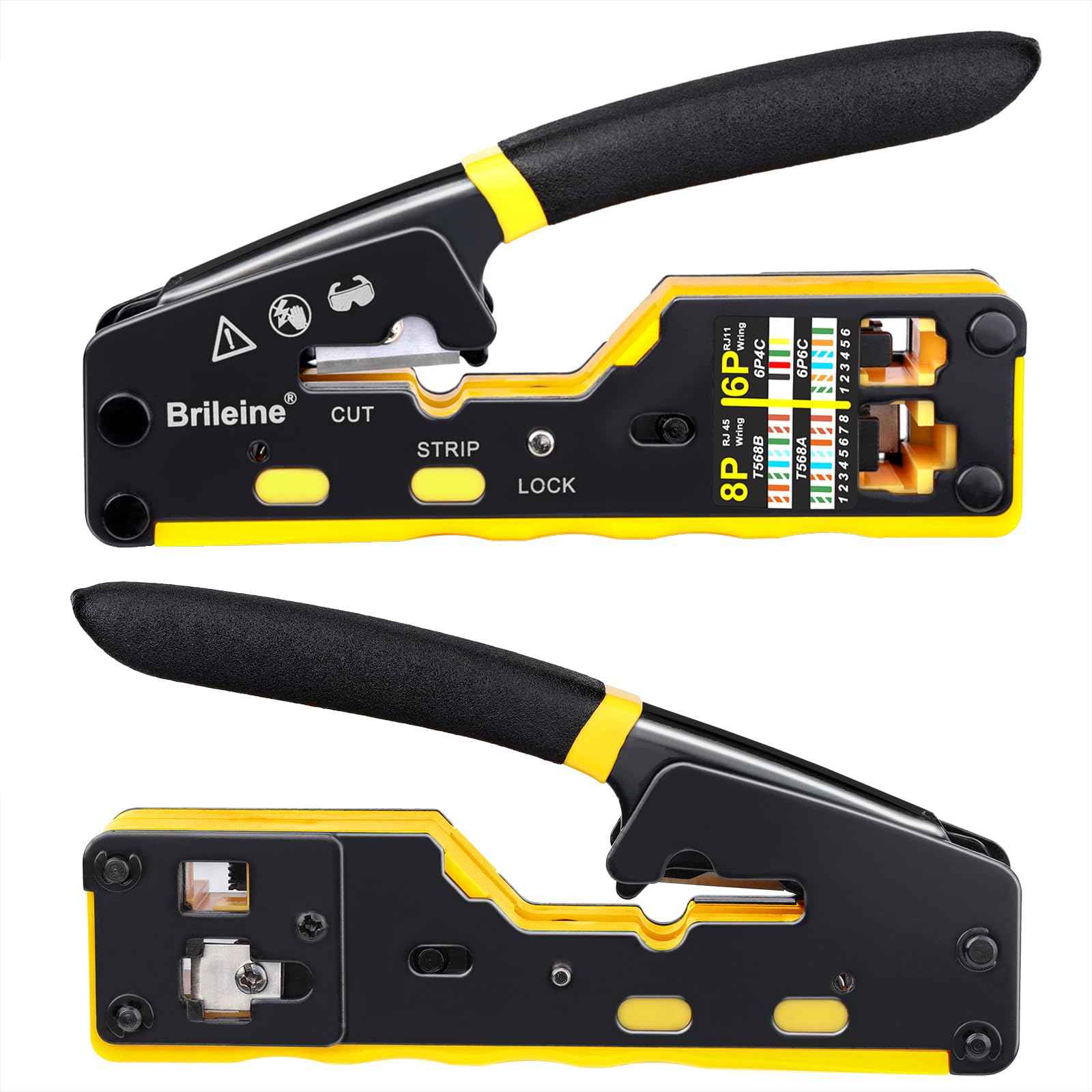 Brileine RJ45 Crimp Tool Pass Through Crimper for RJ45 Connectors / Cat6 Cat6a Cat5 Cat5e Connector Ethernet Crimper Tool with Mini Cable Stripper