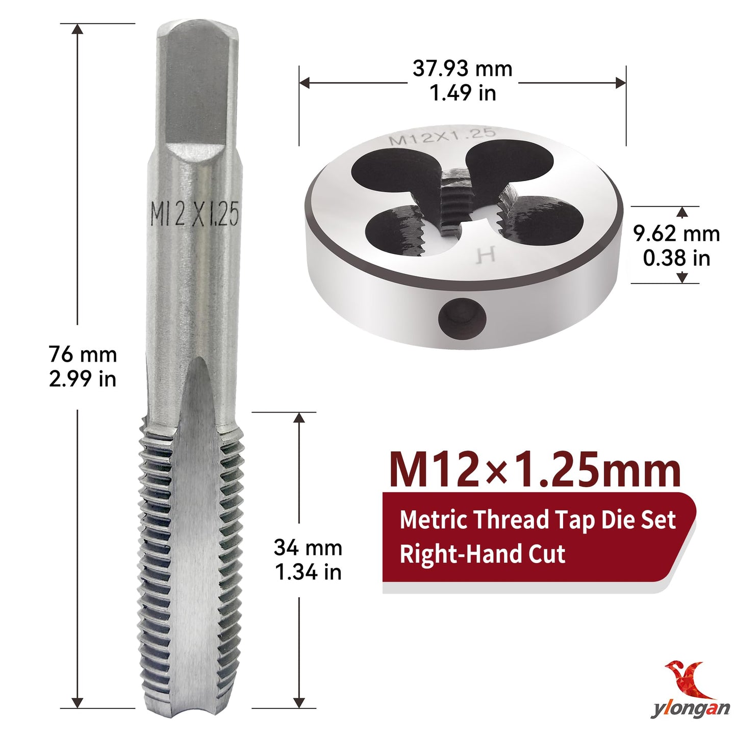 M12X1.25 Tap and Die Set, Metric Right Hand M12 x 1.25 Tap Die Set, M12 x 1.25 mm High-Speed Steel Thread Milling Tap and Die Suitable for Various Metals