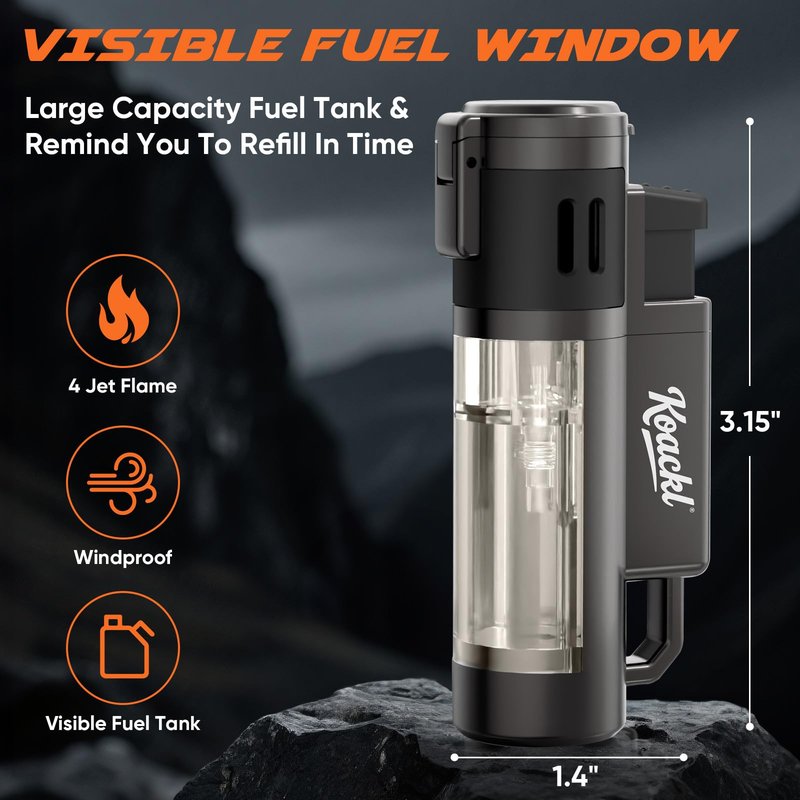 KOACKL Torch Lighter, Refillable Windproof Adjustable Quad Jet Flame Butane Lighter for Candle Grill BBQ Camping Fireworks, 2 Pack (No Fuel Included)