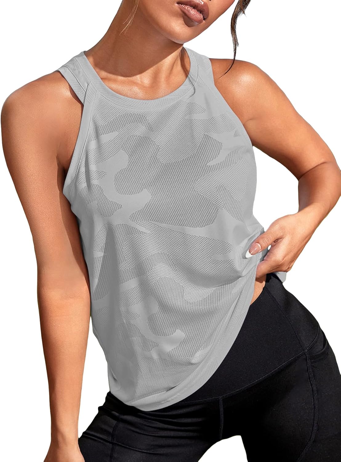 OYOANGLE Women's Camo Print Workout Tank Top - Sleeveless Active Gym & Yoga Shirt