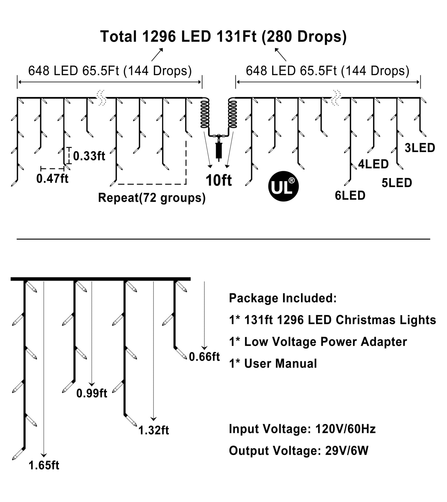 1296 LED Outdoor Christmas Lights with 288 Drops, 131FT Christmas Fairy Lights with 8 Modes Timer, Twinkly Lights IP44 Waterproof for Eaves Yard Holiday Wedding Party Decor Blue & Cool White