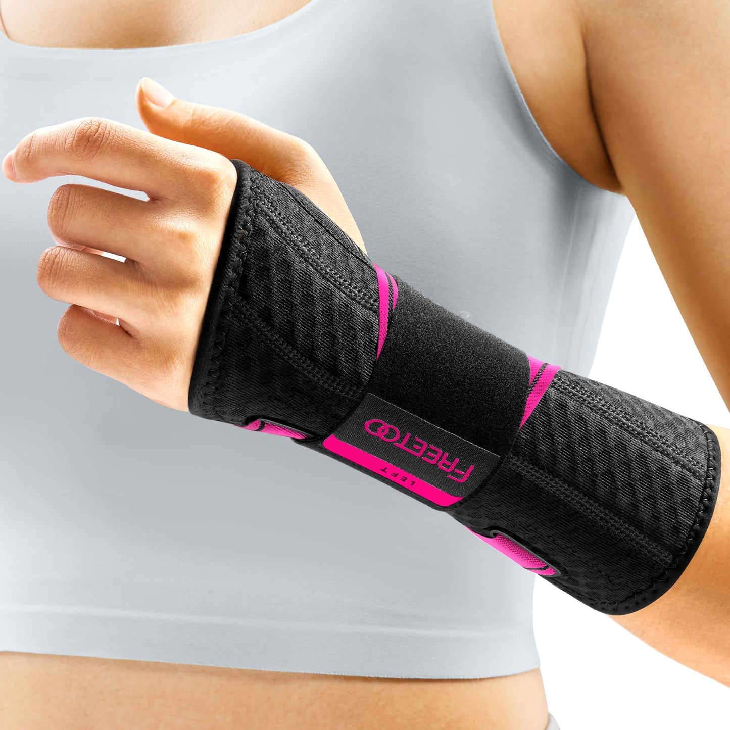 FREETOO Wrist Support Brace Left Hand for Tendonitis, Sprained Wrist, Strain, Pain Relief Wrist Splint for Carpal Tunnel, Arthritis, wrist Immobilizer Fit Women and Men for Sleeping (S/M, Black/Pink)