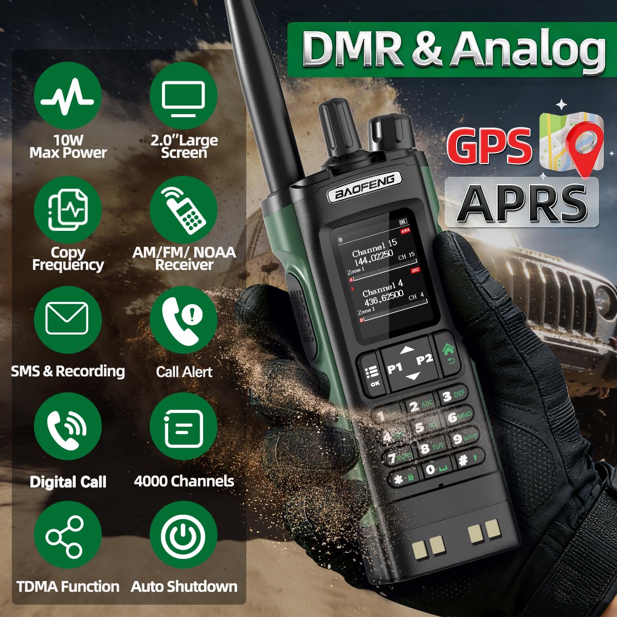 BAOFENG Radio DM32 DMR Radio Ham Radio Handheld Long Range Walkie Talkies Rechargeable 2500/3800mAh Battery GPS DM-32UV Digital Emergency NOAA Weather 5RM Tactical Radio for Survival Gear Hunting