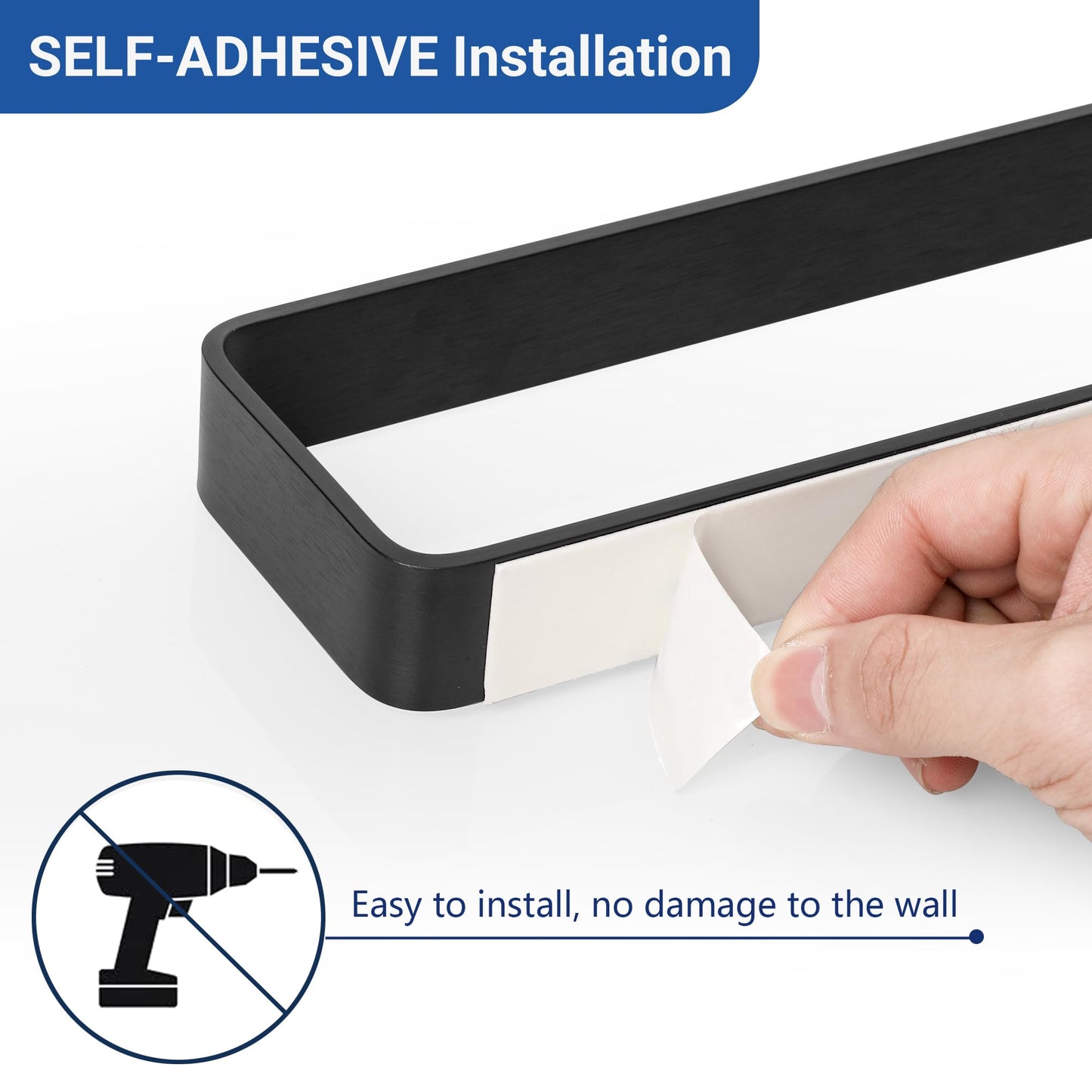 SAYAYO Matte Black Hand Towel Holder for Bathroom Wall, 8 Inch Self Adhesive Towel Bar Hand Towel Rack Square Heavy Duty