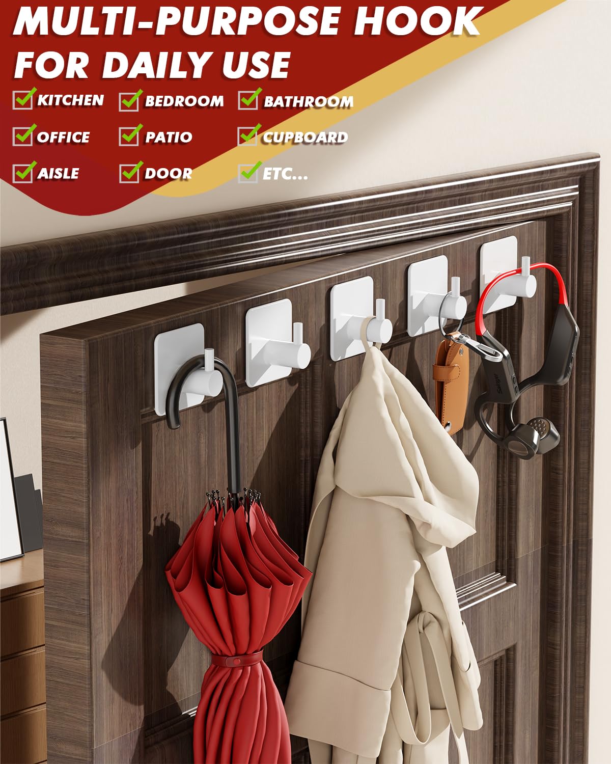 Adhesive Hooks Heavy Duty 30lb(Max) Wall Hooks, 5 Pack Self Adhesive Damage Free Towel Rack, Stainless Steel for Coat Robe, Waterproof Oilproof Rustproof for Bathroom Shower Kitchen Office