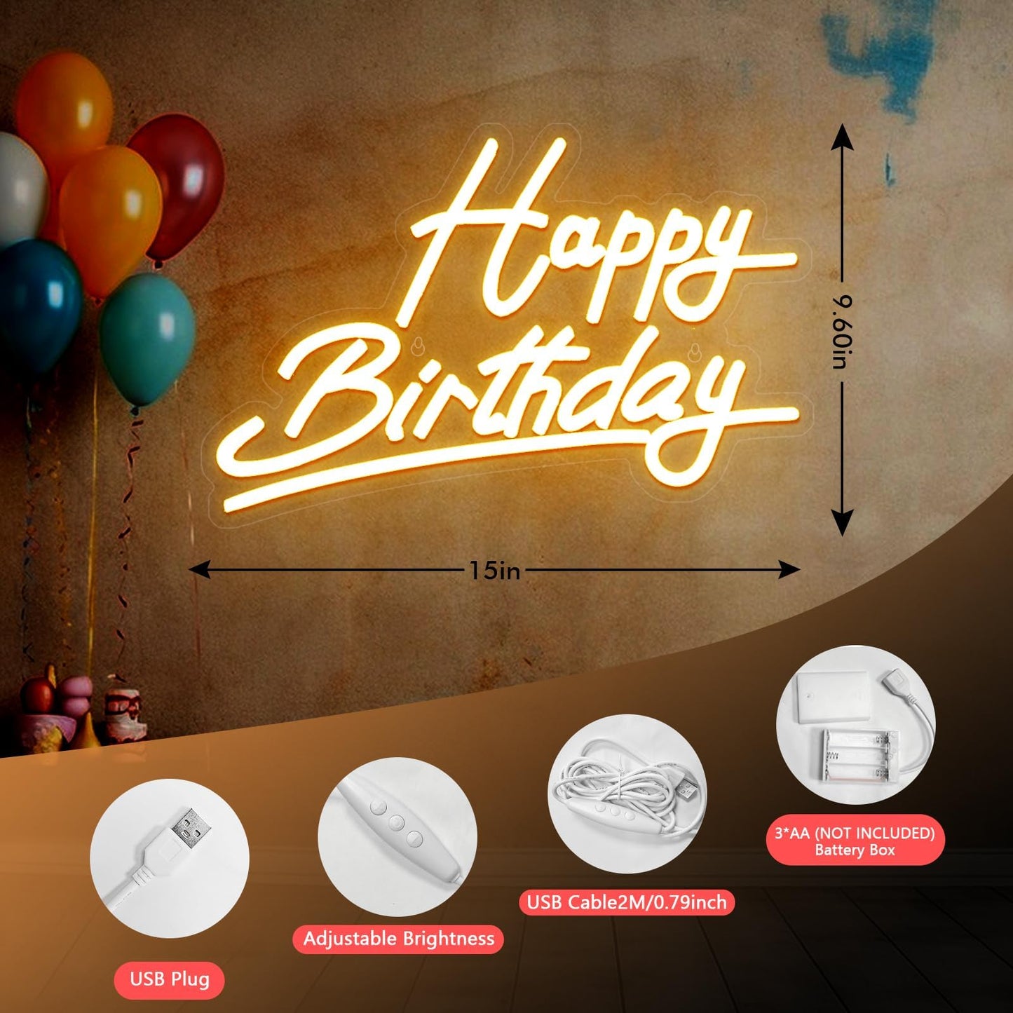 Happy Birthday Neon Sign Battery Operated, Usb Powered Neon Signs for Wall Decor, Adjustable Brightness Happy Birthday Signs(15 x 9.6 inches)