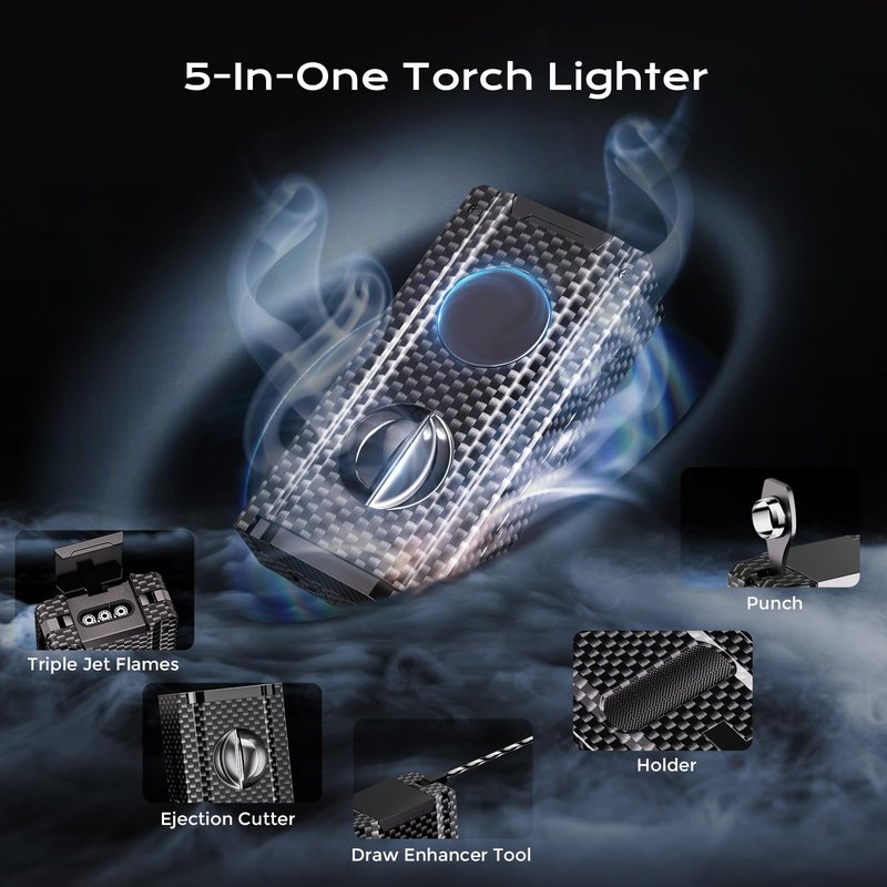 5-in-1 Torch Lighter with Tool, Punch, Holder, Draw Enhancer, Refillable Butane Torch Lighter, Multifunctional Accessories Gift, Windproof Triple Flame Lighters for Candles, Travel, Outdoor