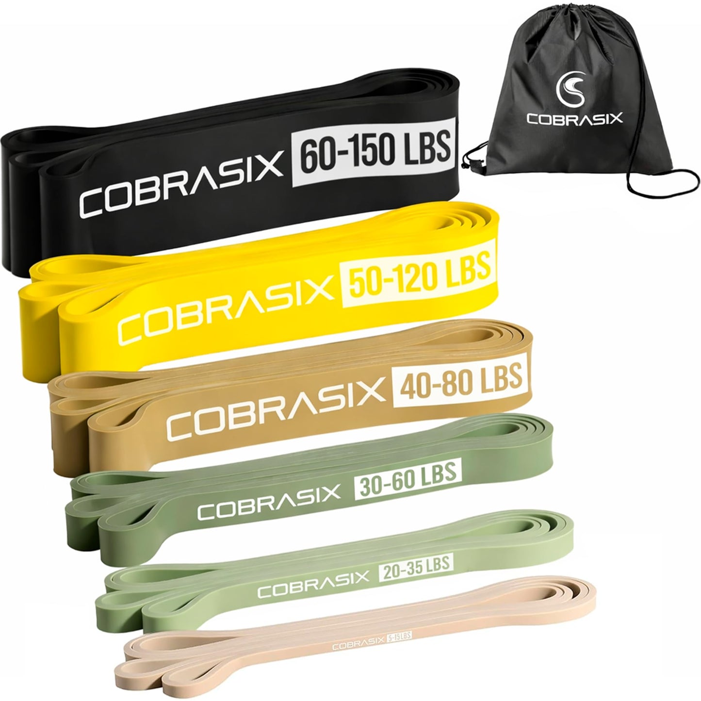 COBRASIX Long Resistance Bands for Working Out | Set of 6 Exercise Bands for Full-Body Training | Pull Up Bands for Home Gym with Handles, Door Anchor and Bar Options | for Men & Women