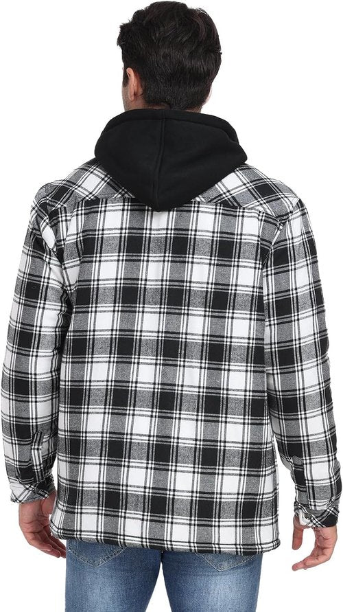 CHEXPEL Flannel Jacket for Men - Hooded, Quilt-Lined, Long Sleeve Plaid Winter Coat