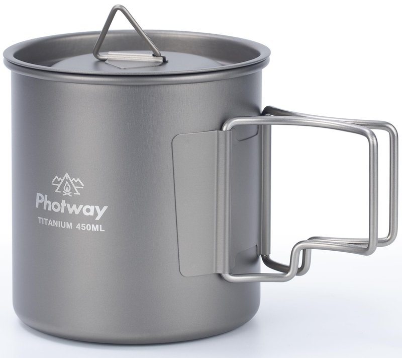 photway Ultralight Titanium Camp Mug with Lid 450ml (15.2oz), Single-Wall Coffee Mug Cup for Backpacking, Camping, Hiking & Open Fire Use