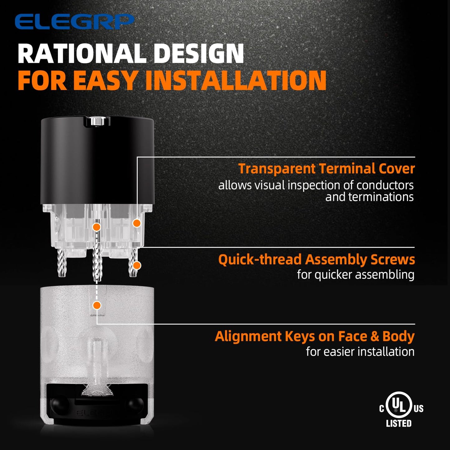 ELEGRP Lighted Straight Blade Connectors, 15 Amp 125 Volt NEMA 5-15R 2 Pole 3 Wire Grounding Electrical Plug Replacement Cord Outlet, Commercial Grade, Black, 1 Pack