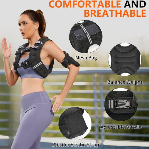 FUFF Weighted Vest Woman, 15 LB Womens Weight Vest for Walking, Strength Training Weight Vests for Female Men, Reflective Stripe Fitness Body Vest for Workout Running Jogging (Black)