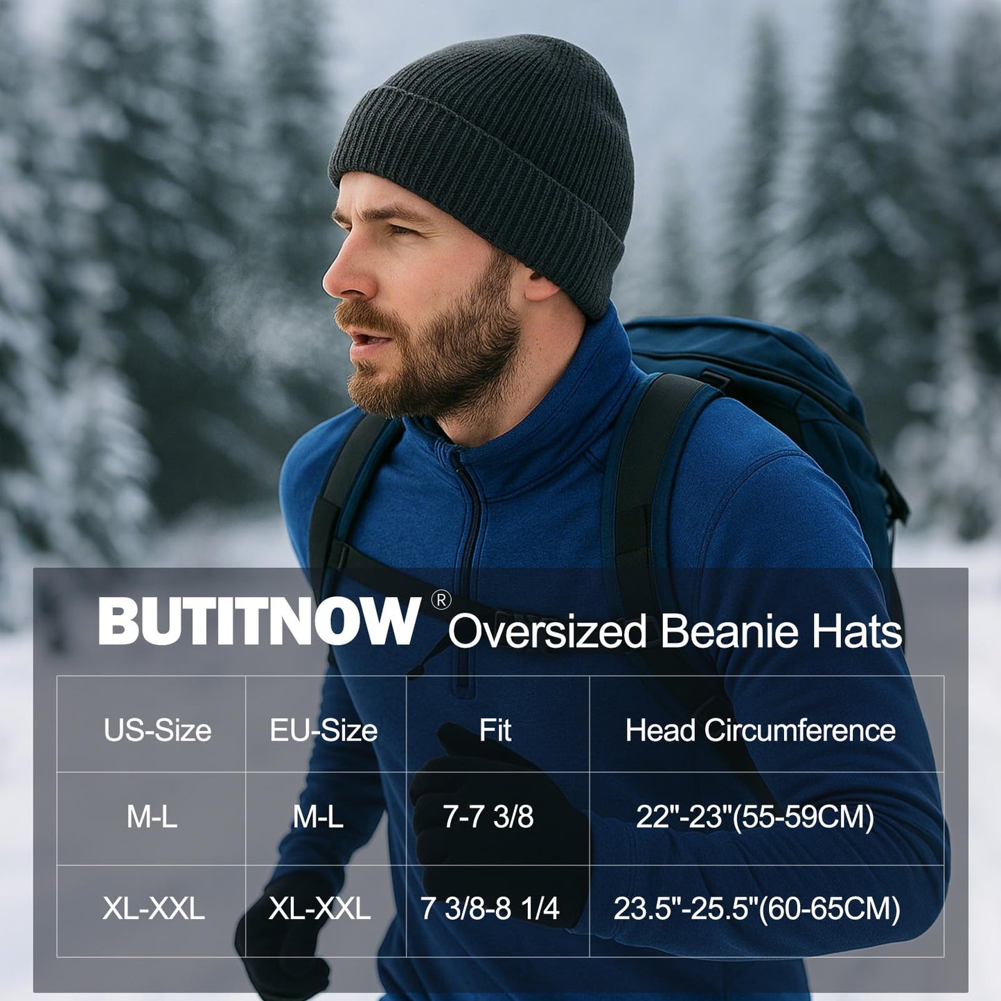 Plus Size Fleece Lined Beanie Hat - M/L/XL/XXL Merino Wool Beanie Hat for Men - Large Winter Hat Ski Skull Cap for Big Heads Black