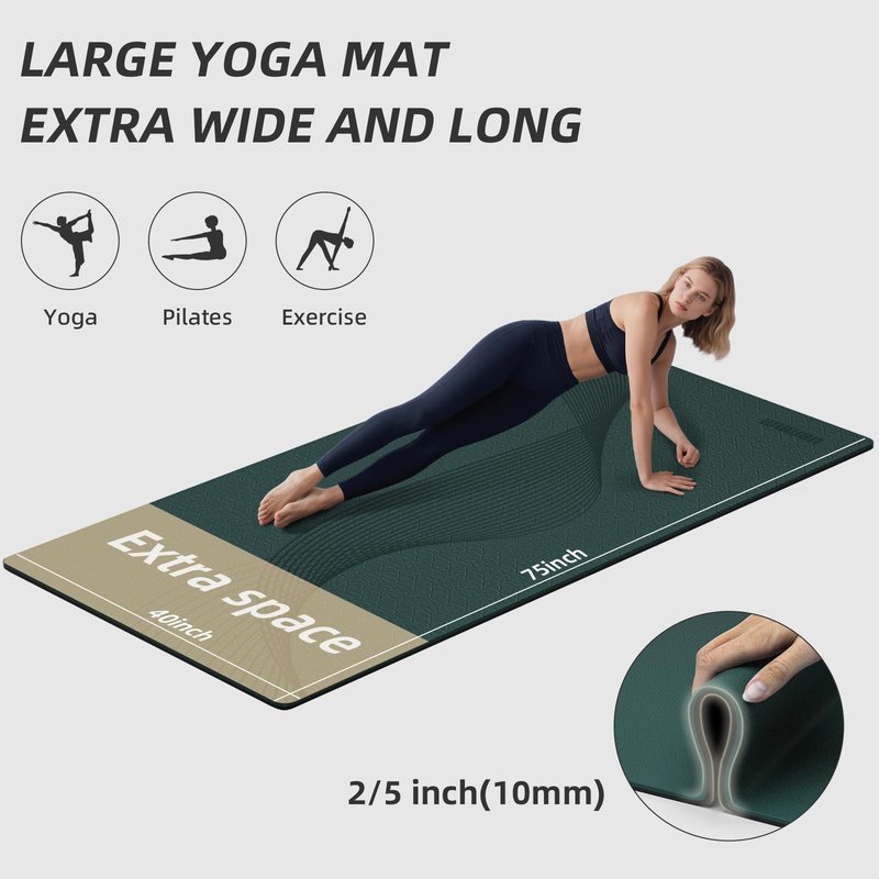 WUWAN Large Yoga Mat 76"x 40"x10mm (2/5 inch) – Extra Thick & Wide, TPE Fitness Mat, Printed Non-Slip Exercise Mat with Carrying Strap for Men & Women, Pilates, Stretching, Fitness & Workout (green/black)