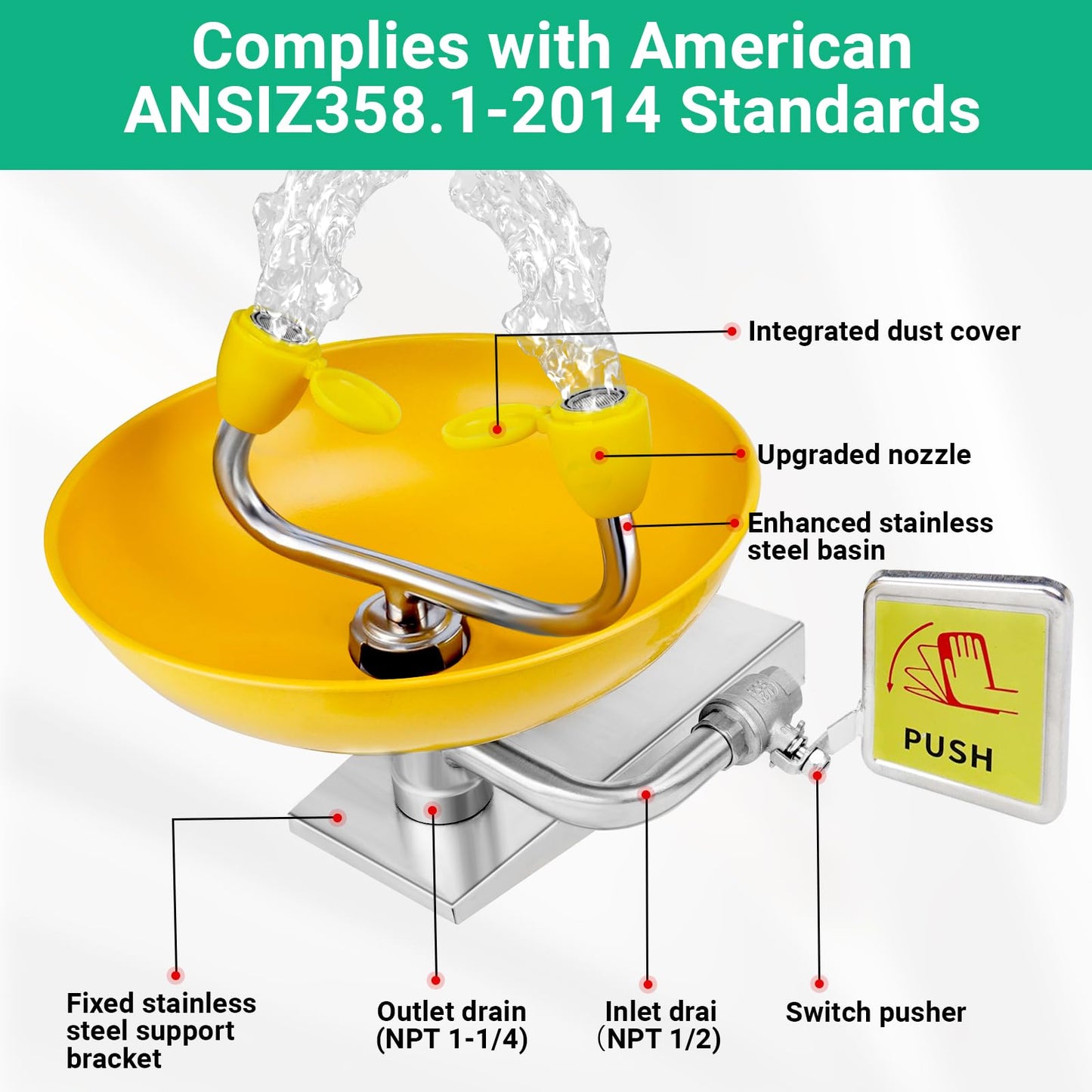 Crystmetal Eye Wash Station, Wall Mounted Emergency, Portable Emergency Eyewash Stand Eye Irrigation Sign, 304 Stainless Steel, Enhanced ABS Surface Coating