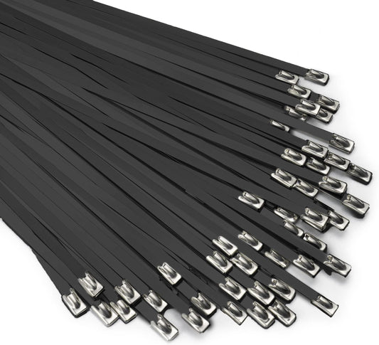 Metal Zip Ties 11.8 inch 100pcs Stainless Steel Zip Ties Heavy Duty Multi-Purpose Self-Locking Cable Ties for Machinery, Vehicles, Exhaust Wrap, Farms, Pipes, Roofs, Cables, and Outdoor Fence (Black)