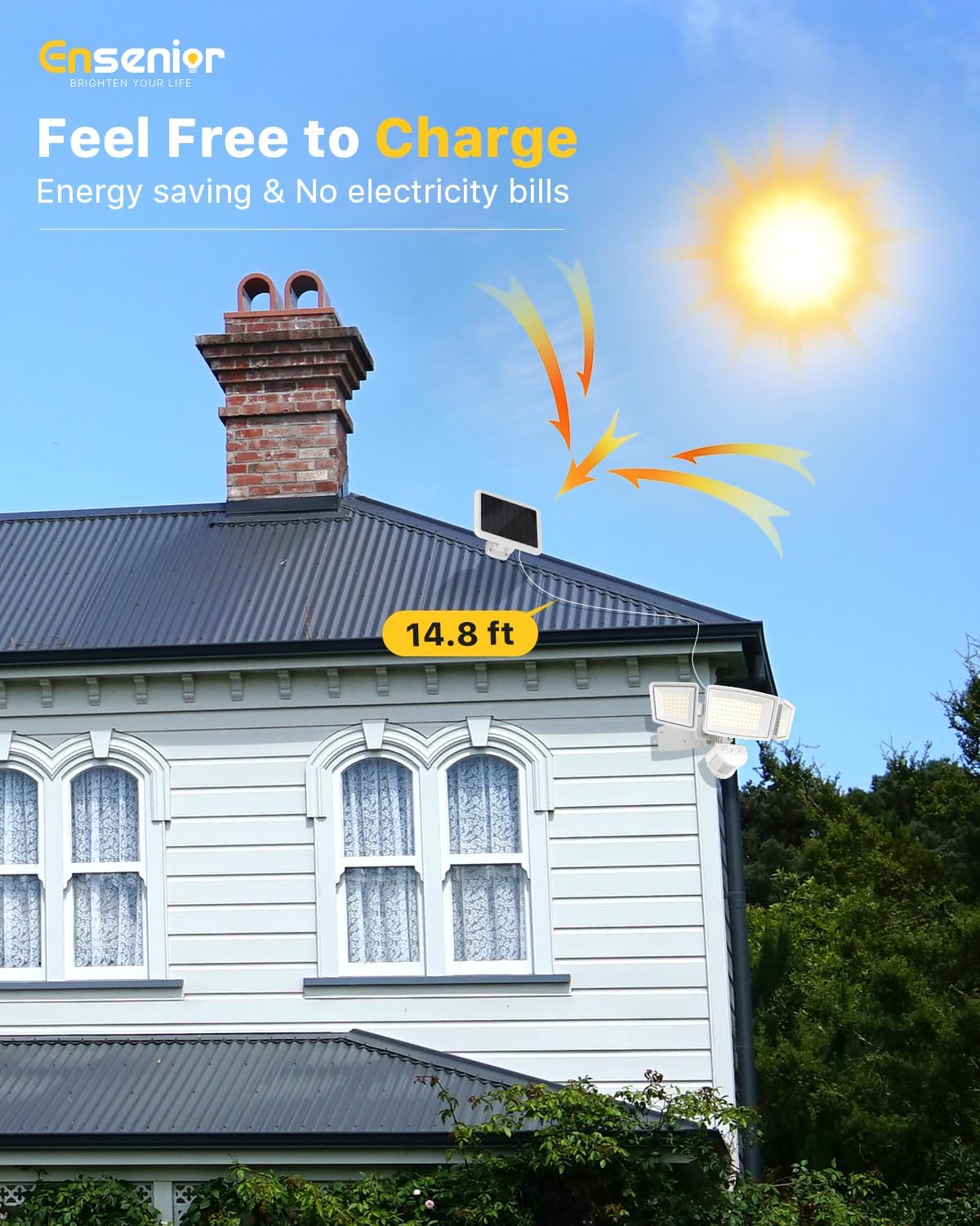 1800LM Solar Security Light with 3 Heads & Remote, 270° Wide Angle, IP65 Waterproof