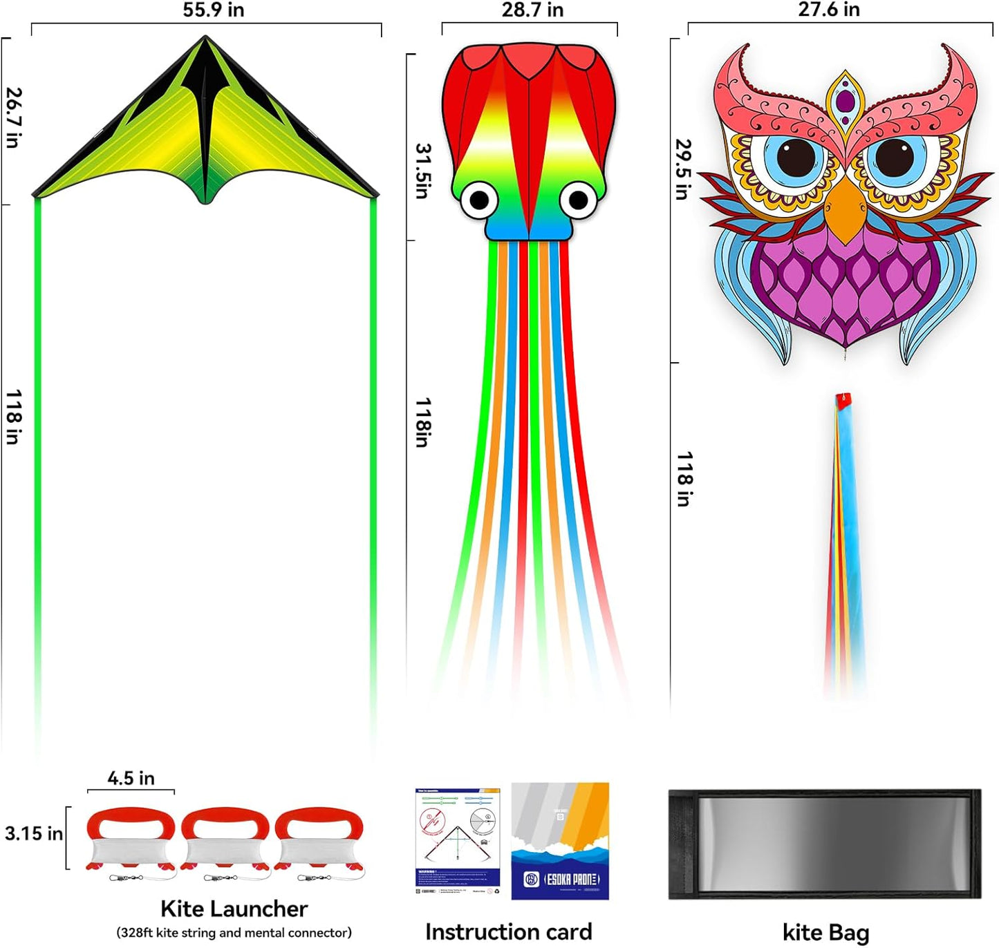 Skiennix Kites for Adults & Kids - Easy to Fly Beach Kites with 328ft String | Fun Gift for Ages 4-8 (Purple Owl, Grassland, Octopus)