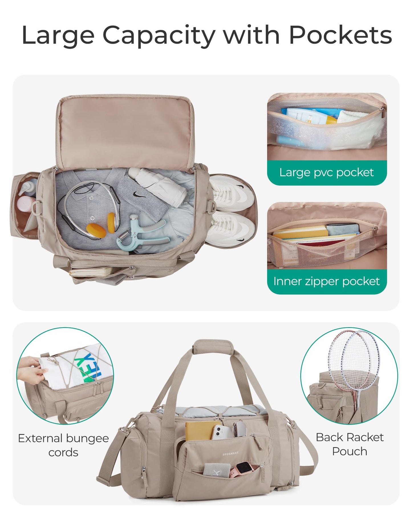 BAGSMART 4-IN-1 Gym Bag for Women Men, TSA Duffle Bag for Travel