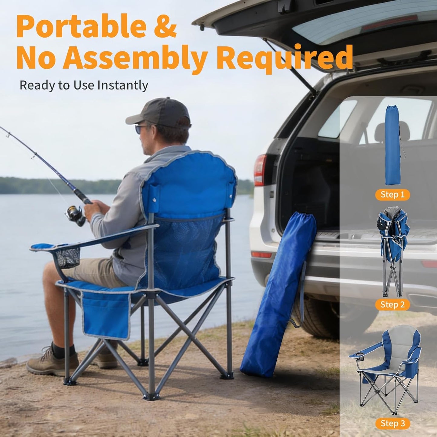 NEWBULIG Oversized Camping Chair - Heavy Duty 500 LBS Support | Portable Collapsible Design with Cup Holders & Side Cooler