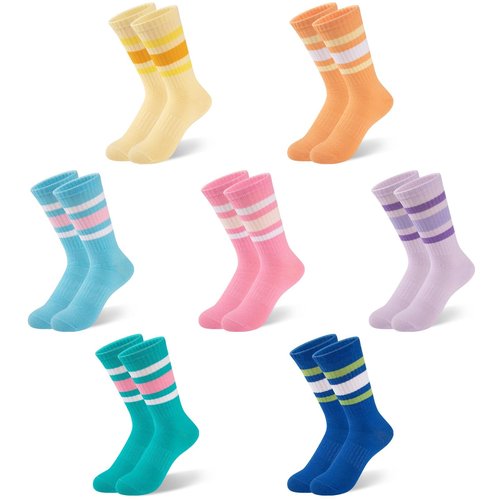 Comfoex Girls Crew Socks Kids Athletic Calf Socks 7 Pairs Soft Cotton & Casual Stripe for Children 8-10 10-12 Years Old