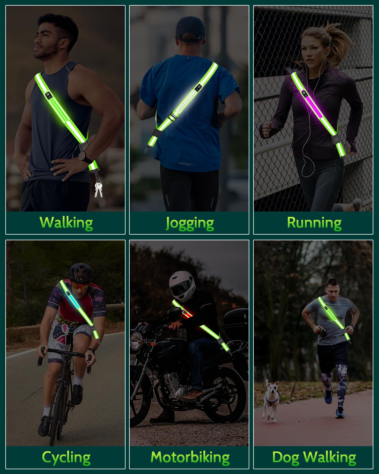 Fitense LED Reflective Belt Sash - 5 Lights Colors & 3 Light Modes High Visibility Night Safety Belt, Rechargeable Light Up Running Gear Adjustable Vest Straps for Runners Walkers Men Women