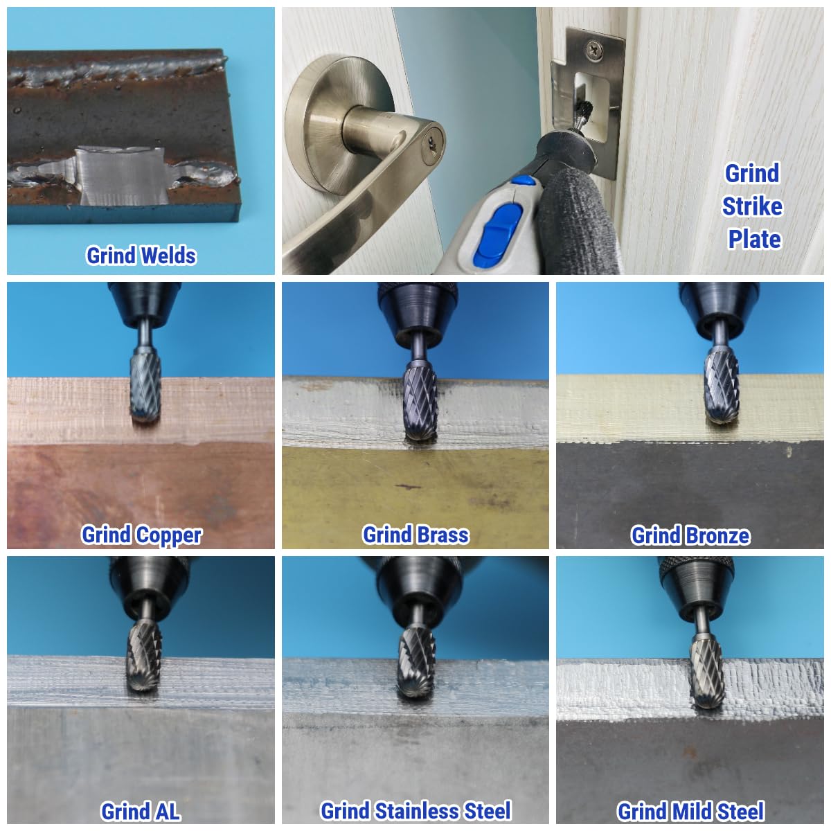 Sworker 10 Pcs Carbide Burr Set 1/8" Shank Compatible with Dremel Bits Double Cut and Aluminum Cut (Wide-Flute Cut) Rotary Tools Attachment Kit Rasp Metal Wood Stone Steel Grinding Carving Cutting