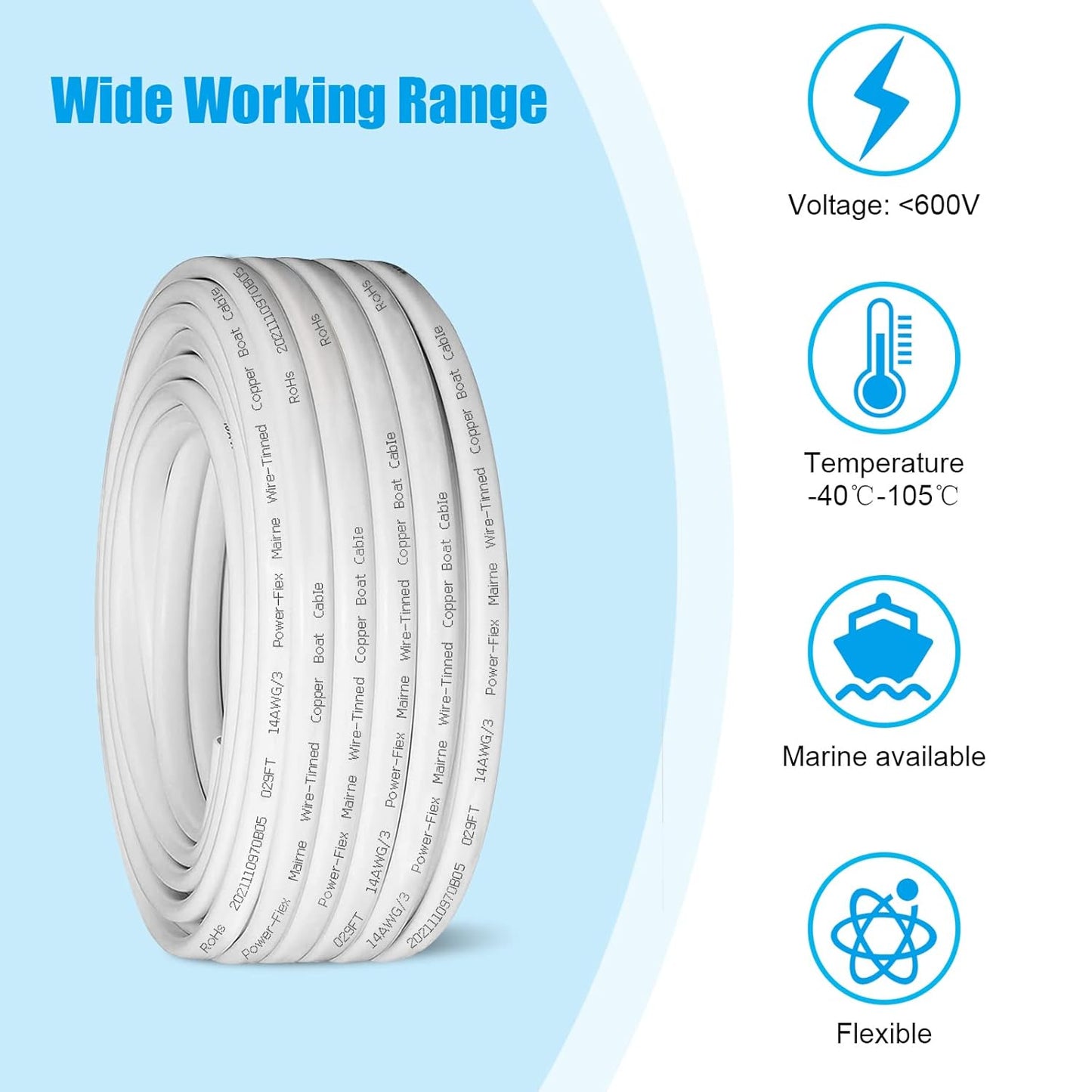 Triplex Marine Wire - 14 Gauge Tinned Copper Boat Cable, 30ft OFC for Automotive & Solar Use