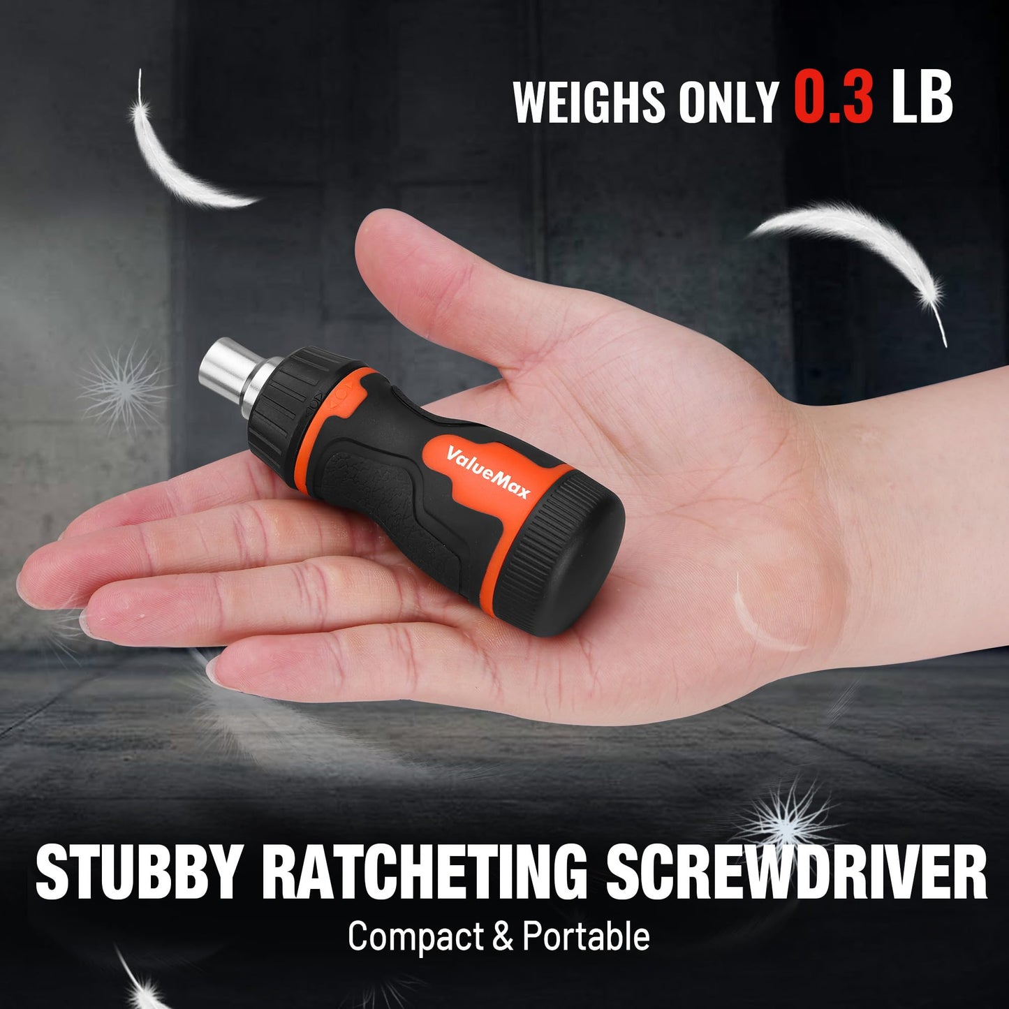 ValueMax 8-in-1 Stubby Ratcheting Screwdriver, Multi-bit Screwdriver, Quick-load Mechanism, Adjustable Magnetic Tool with Phillips, Slotted, Torx Screw Driver Bits and 1/4" Nut Driver