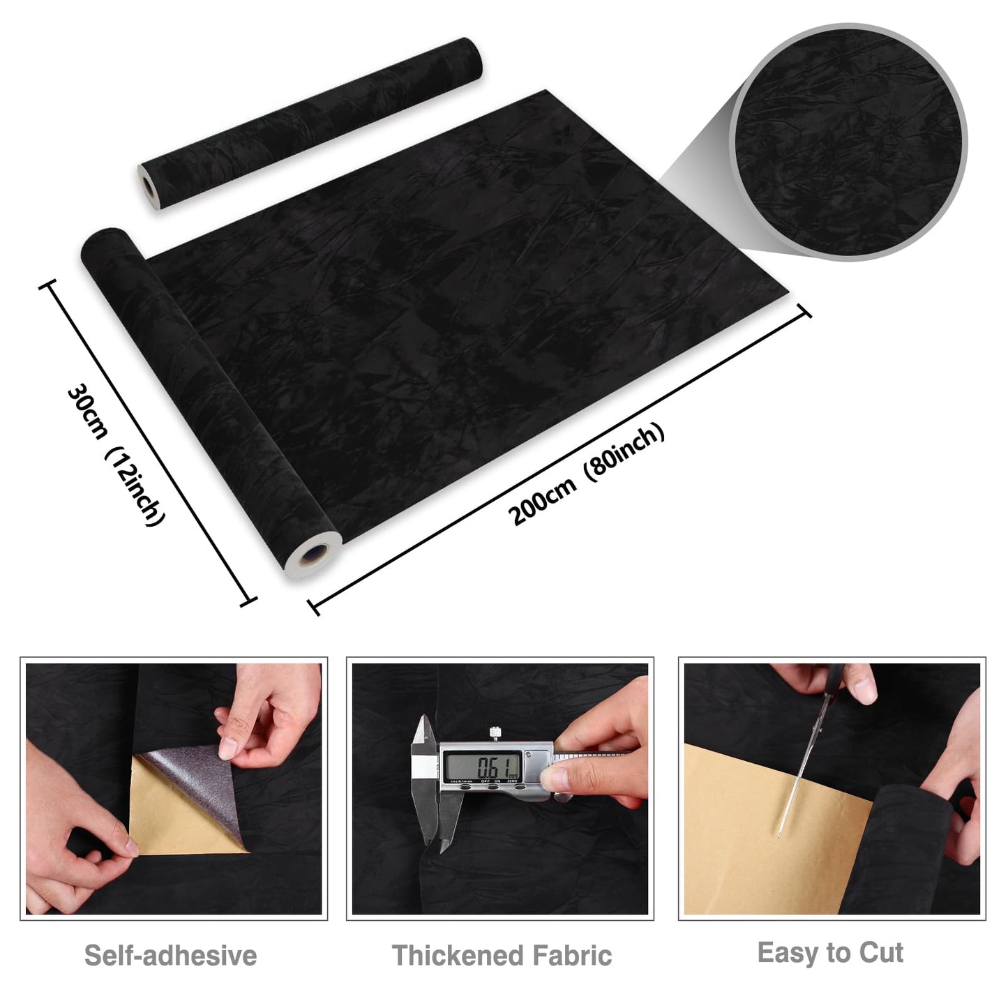 CRE8TIVE Crinkle Crushed Velvet Wallpaper 12"x80" Black Peel and Stick Wallpaper Self Adhesive Velvet Flocking Liner for Jewelry Drawer Box Lining Black Felt Sheets for DIY Crafts Displays Accent Wall