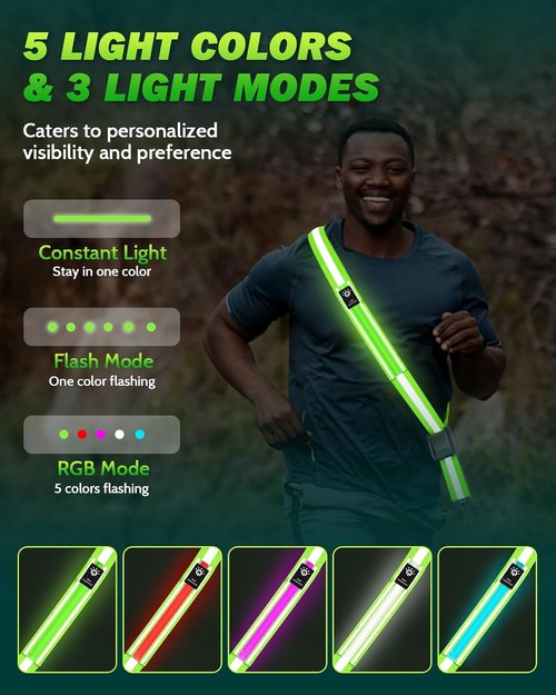 Fitense LED Reflective Belt Sash - Rechargeable Armband Light Up Gear | 2-Pack, 5 Colors, 3 Modes for Night Safety