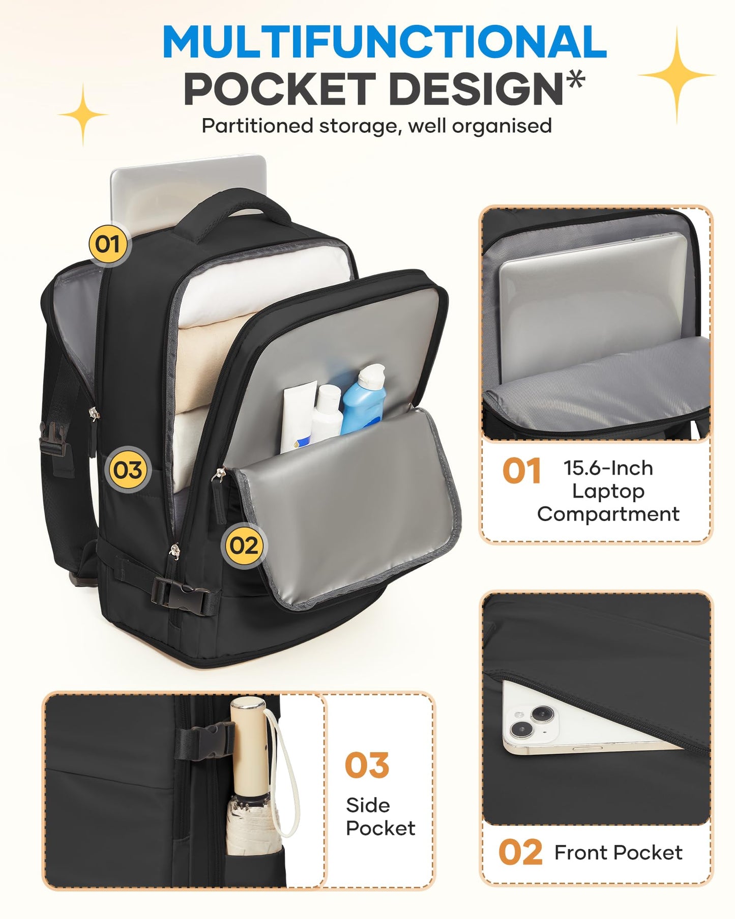 coofay Large Black Travel Backpack For Women Men Airline Approved Carry On Backpack Flight Approved Waterproof Sports Luggage Backpacks Casual Daypack Small Hiking Backpacks