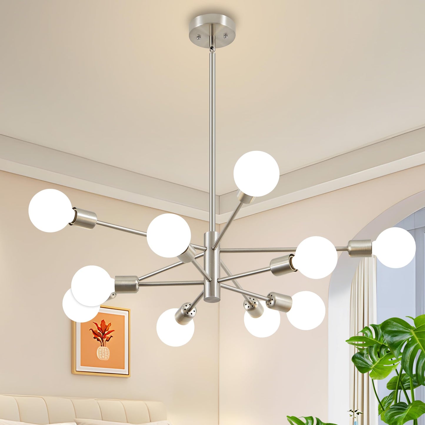 Deyidn Sputnik Chandelier Modern Brushed Nickel Chandeliers Mid Century Ceiling Lighting Fixture for Living Room, Kitchen, Bedroom, Dining Room, and Farmhouse (10-Light)