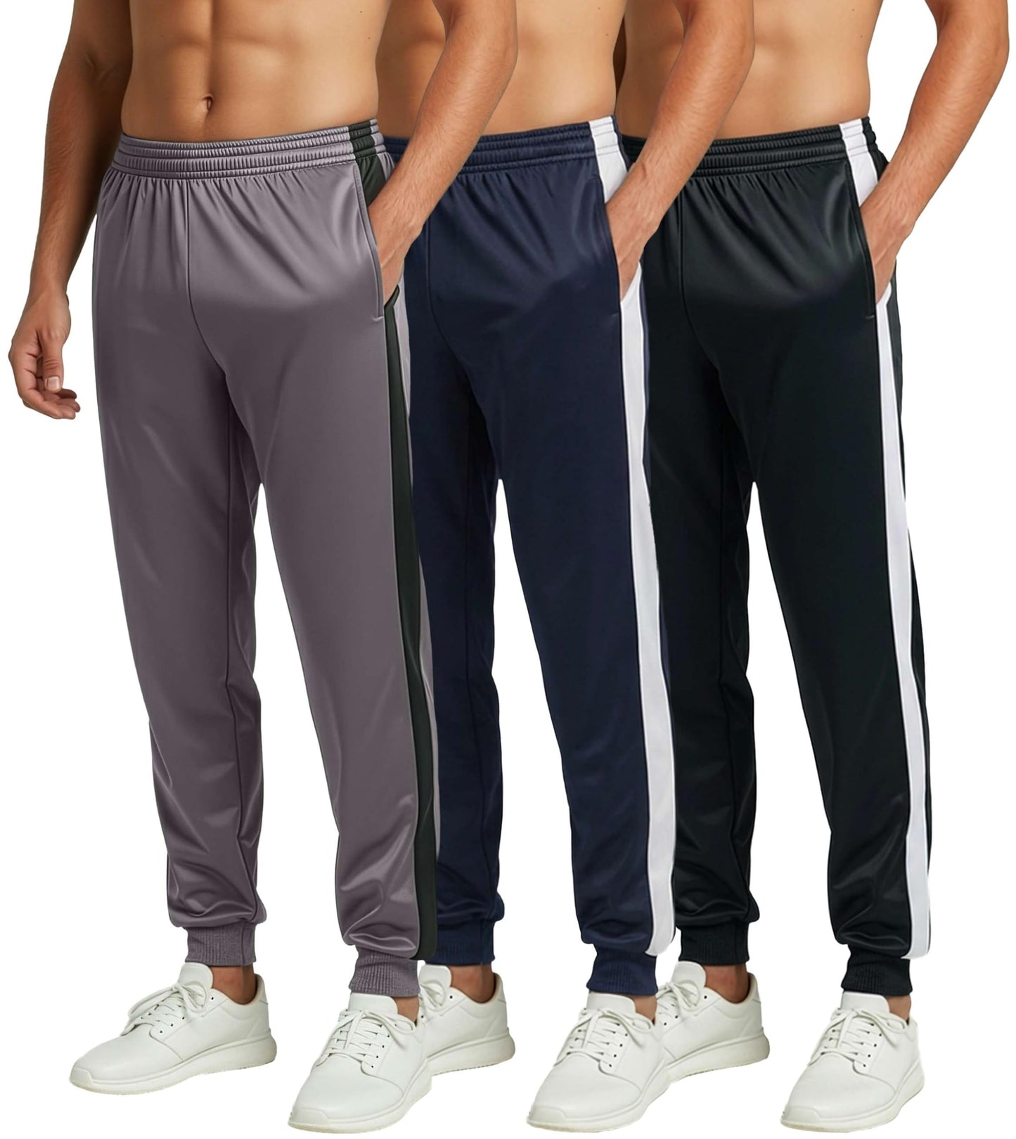 Real Essentials 3 Pack: Men's Tricot Active Athletic Jogger - Running Sweatpants Workout Gym with Pockets (Set F, Black, Charcoal, Navy - 3XL - Standard)