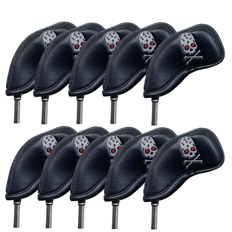 Premium PU Leather Golf Headcovers Set - 10pcs Skull Skeleton Iron Headcovers #3-9, PW, SW, AW - Black Club Protective Case