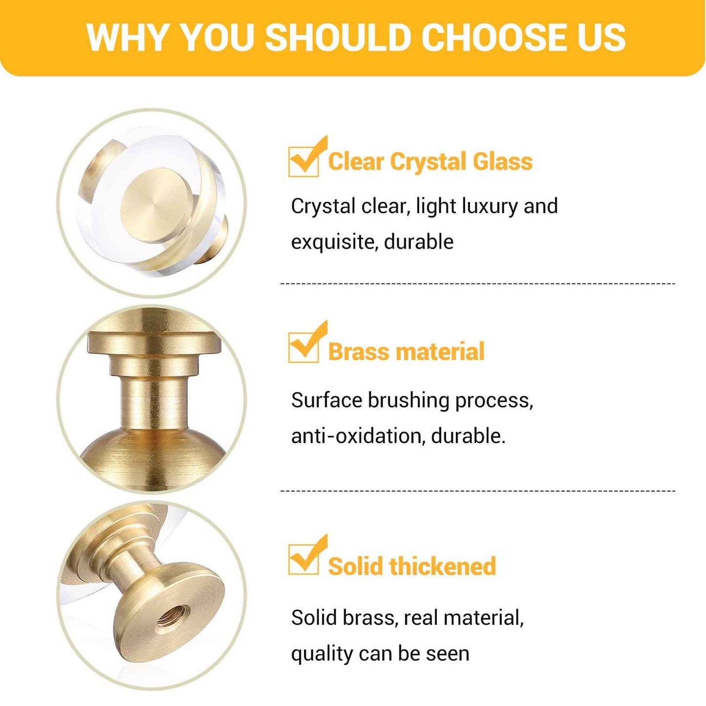 Guank 6-Pack 1-1/4-Inch White Cabinet Glass Crystal Brass knobs Brass Drawer Round Knobs Dresser Pulls, Gold Hardware Kitchen Closet knobs for Bifold Doors