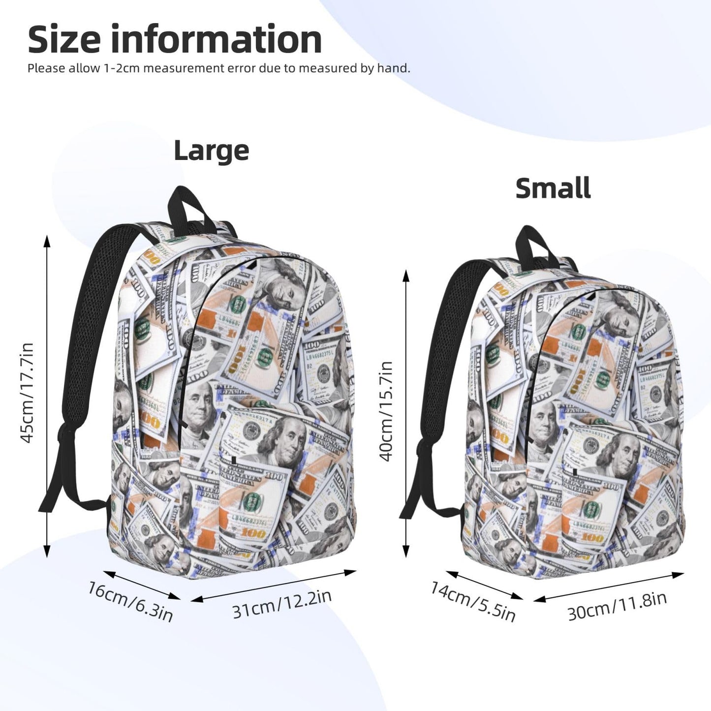 GVGOAGL Fun Money Dollar Novelty Backpack for Girls Boys Women Lightweight Canvas Bookbag Casual Daypack for Travel Outdoor Camping, 17 Inch