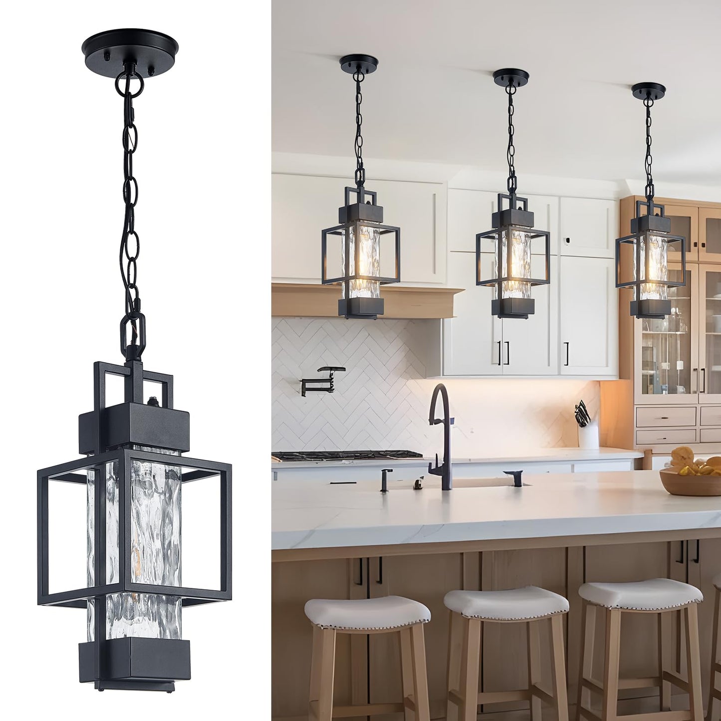 AIBISOD 17" Outdoor Chandelier Pendant Light Fixture for Porch, Modern Black Dusk to Dawn Exterior Hanging Pendant Lantern with Water Glass, Bulb Included, Perfect for Front Porch Door Entrance Foyer